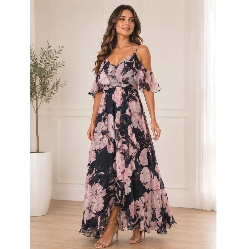 Vince Camuto Floral Cold Shoulder Maxi Dress Navy Pink Ruffle Chiffon 0 Feminine